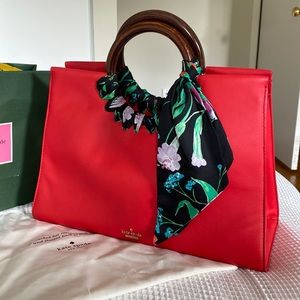 Kate Spade red medium satchel, crossbody strap, wooden & wrapped scarf handles